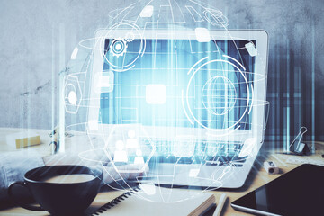 Media network theme hologram with man working on computer on background. Concept of internet...
