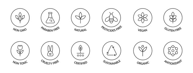 Organic cosmetic labels set. Product free allergen line icons. GMO free emblems. Organic stickers. Natural products badges. Healthy eating. Vegan, bio food. Vector illustration