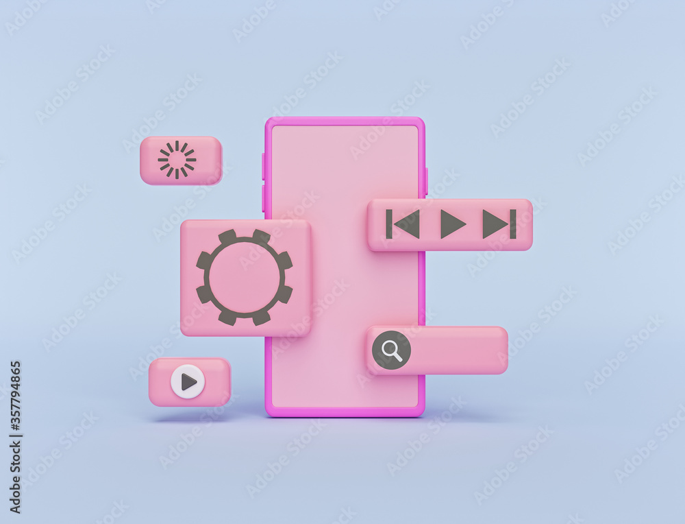 Poster minimal smartphone with floating icons. abstract cartoon style. modern technology. smart device inte