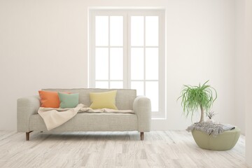 White living room with sofa. Scandinavian interior design. 3D illustration