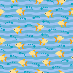 seamless marine pattern with blue waves and fish in the ocean