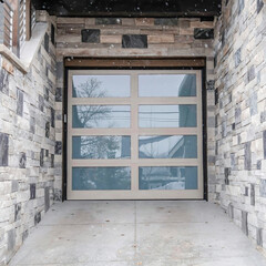 Square Snow falling down on home with glass panel garage door and stone exterior wall