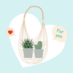 cactus in drawstring bag for gift. for you. cute card. vector illustration
