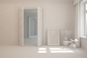 White empty room. Scandinavian interior design. 3D illustration