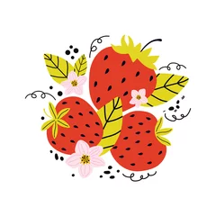 Fotobehang Hand drawn cartoon bright natural red strawberry isolated on a white background. Summer fresh sweet berries, pink flowers and leaves. Vector flat illustration in Scandinavian style © Catrin1309