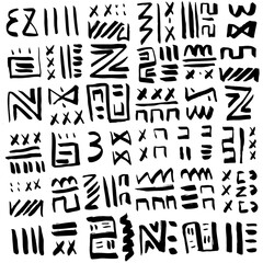 Set of 12 seamless texture. Drops, points, lines, stripes, circles, squares, rectangles. Abstract forms drawn a wide pen and ink. Backgrounds in black and white. Hand drawn. Vector illustration.