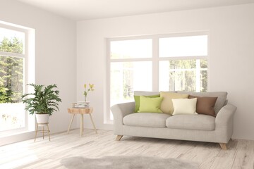 White living room with sofa. Scandinavian interior design. 3D illustration