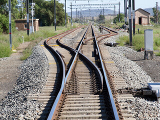 Railroad track vanishing into the distance at a small siding in the Karoo, South Africa