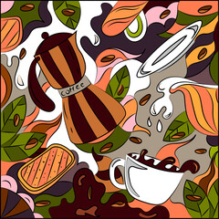 Bright abstract illustration on the theme of coffee with milk. Colorful surreal print background.