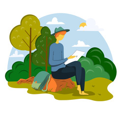 A young man in a hat sits on a stone in a park and reads his tablet. Illustration in a flat style.