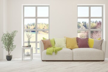 White living room with sofa. Scandinavian interior design. 3D illustration