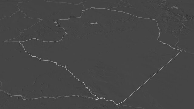 Masvingo, province with its capital, zoomed and extruded on the bilevel map of Zimbabwe in the conformal Stereographic projection. Animation 3D