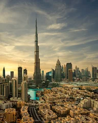 Schilderijen op glas Burj Khalifa-zonsondergang en Dubai Downtown © Mohammad