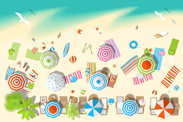 Vector illustration. Sunny beach top view. Summertime - sea, sand, umbrellas, towels, chairs, clothes, objects. (view from above) 