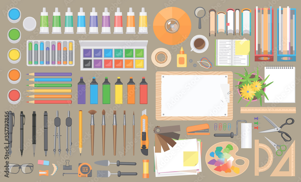 Poster vector set. workspace creator, artist, designer. top view. paper and desktop objects. paints and sta