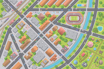 Vector illustration. City top view. Streets, houses, buildings, roads, crossroads, park, station, stadium, trees, cars. (view from above) 