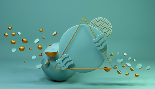Abstract composition in teal and gold, Memphis inspired. 3D render / rendering
