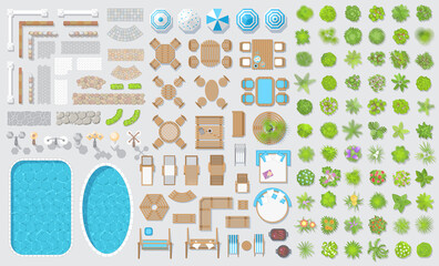 Vector set for landscape design. Outdoor furniture, architectural elements and plants. (top view) Fences, paths, lights, benches, tables, chairs, sun loungers, umbrellas, swings. (view from above)