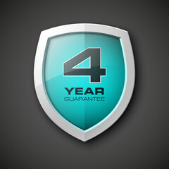 Shield with a text guarantee four year icon. Warranty 4 year Label obligations. Safeguard shield sign. Protect promise reliability badge. Security guaranteed shield illustration