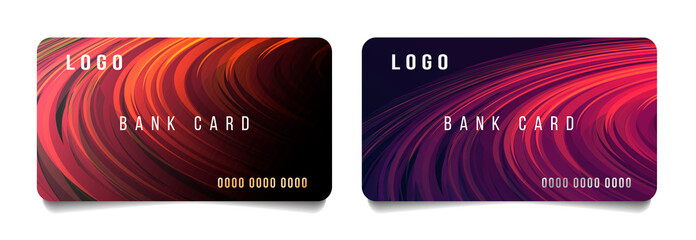 Set of credit bank or discount cards template layout with modern bright abstract backdrop of round curves revolving in circles, warm hot red colors