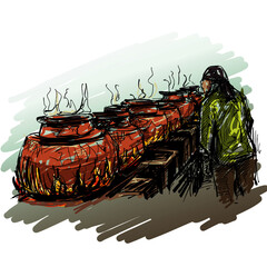 Drawing of Indian cooker at kitchen 