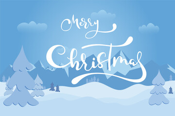 Naklejka na ściany i meble Merry Christmas hand lettering text and winter landscape