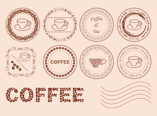 decorative post stamps with coffee grains - vector set