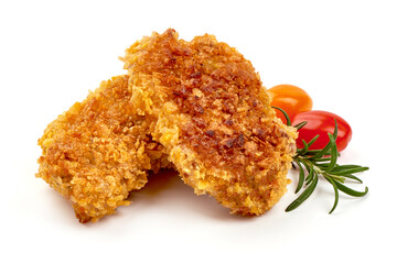 Breaded chicken fillet, isolated on white background