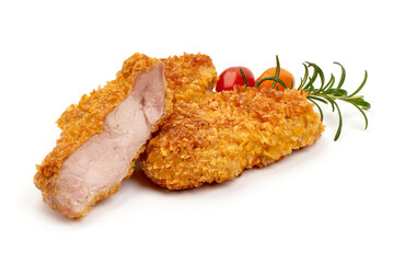 Crispy chicken fillet in breadcrumbs, isolated on white background