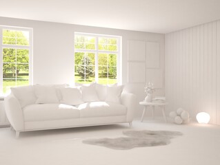 White living room with sofa and summer landscape in window. Scandinavian interior design. 3D illustration