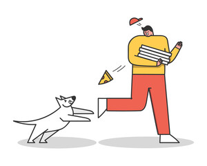 Angry dog attacking pizza delivery man. Aggressive dog barking on guy. Cartoon characters isolated