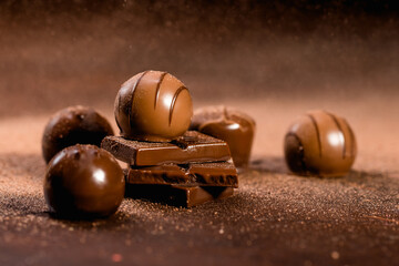 chocolate bars and pralines with sprinkle cocoa powder