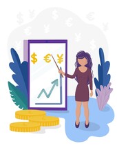 A girl is pointing out on the currency growth 