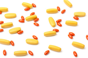 Multivitamin and mutimineral pills, nutritional Supplement on white background in close-up