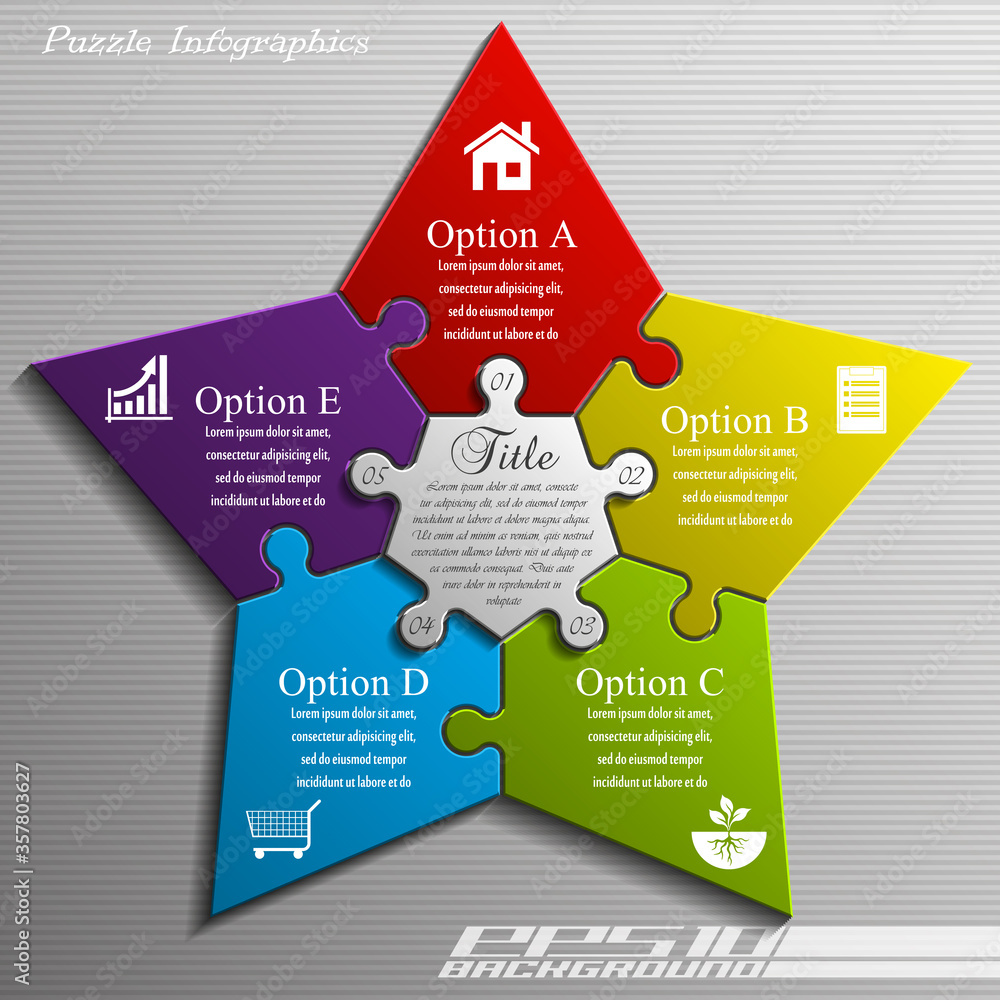 Leinwandbilder five-pointed star puzzle presentation infographic template with explanatory text field for business 
