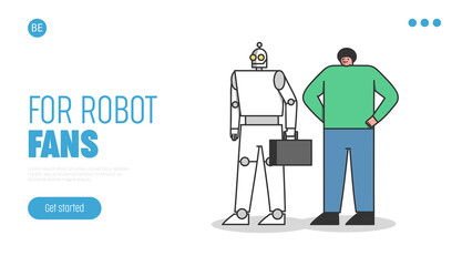 Human and robot worker. Office ai landing page design. Professional with robotic competitor