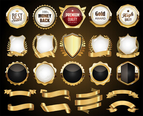 Golden badges labels shields and laurel wreaths collection 