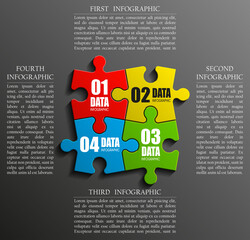 Four sided 3d puzzle presentation infographic template with explanatory text field for business statistics