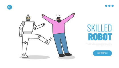 Robotic worker kicks human professional. People against robots at work landing page concept