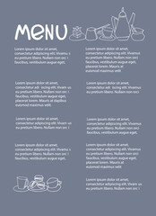 Cafe menu design with place for your text. Dessert menu template. Decorated with hand drawn cups, pots, glasses, cakes, pastry, flower vases on warm gray-blue background
