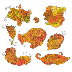 Colorful zentangle doodle sketch. Set of tattoo sketches. Ethnic tribal wavy vector illustration.