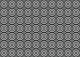 Large and small concentric circles in a black and white repeating pattern, vector illustration