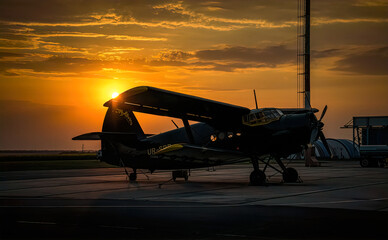 Naklejka na ściany i meble Old-fashioned pilot plane on the runway at sunset