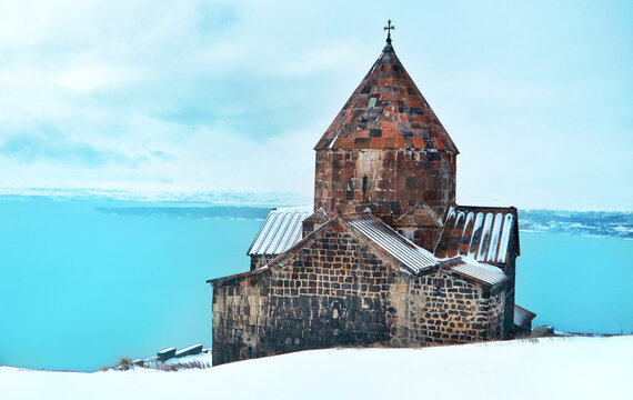 The ancient Armenian Sevanavank monastery beside the lake sevan in winter