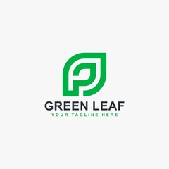 Green leaf line logo design vector. Leaf and monogram P abstract symbol.