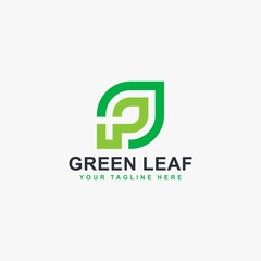 Green leaf line logo design vector. Leaf and monogram P abstract symbol.