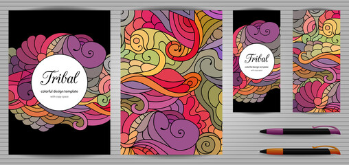 Obraz na płótnie Canvas Doodles corporate identity and stationery templates set . Colorful zentangle graphic design mockups including document, flyer, business card and pen. Ethnic tribal wavy vector illustrations.