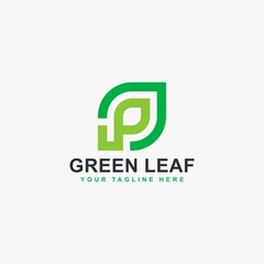 Green leaf line logo design vector. Leaf and monogram P abstract symbol.