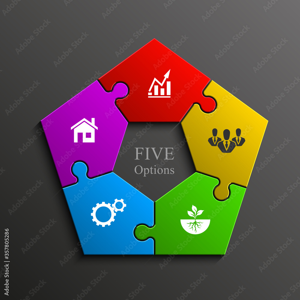 Leinwandbilder Five sided 3d puzzle presentation infographic template with explanatory text field for business statistics