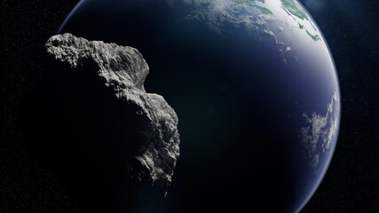 asteroid flying towards planet Earth, meteorite in orbit before impact